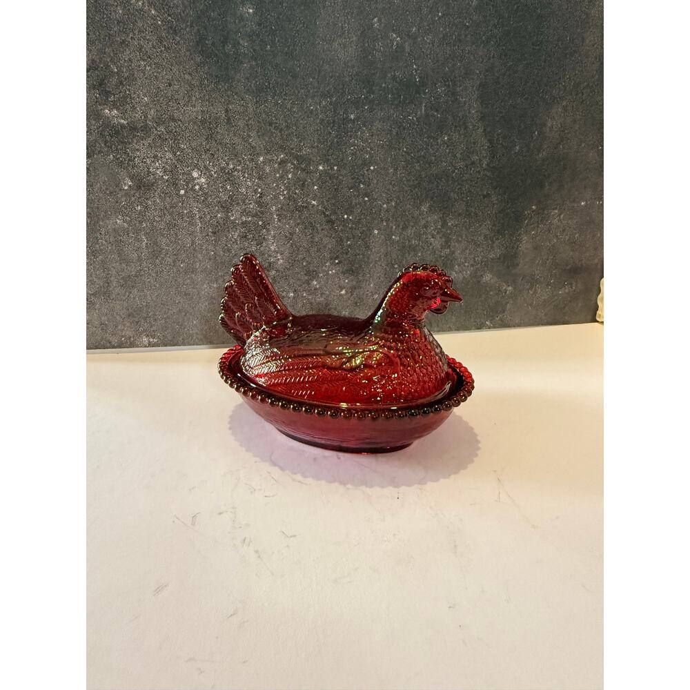 Vintage Ruby Red Glass Hen On Nest Covered  Dish Beaded Rim 5 Inch - Picture 10 of 13